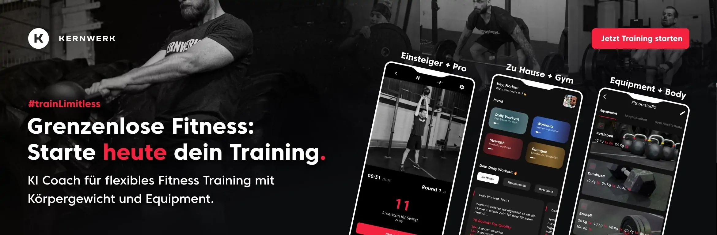 Grenzenlose Fitness: Starte heute dein Training, ein Banner auf dem die Kernwerk App abgebildet wird.