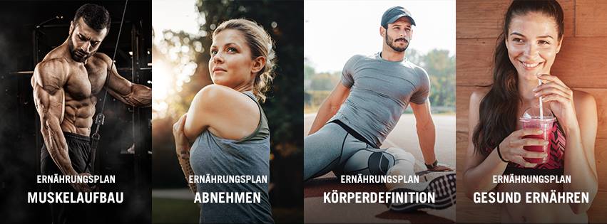upfit-how-to-footer Ein. Bild mit meheren Kacheln in den Personen beim Sport abgebirdet sind. Die Überschriften nennen die verschiedenen Ernährungspläne, diese sind Muskelaufbau, Abnehmen, Körperdefiniton und Gesund ernähren.