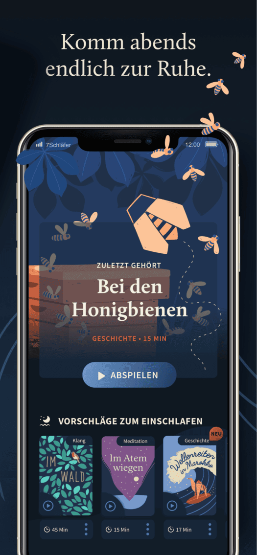 Screen der Siebenschläfer-App mit Hörgeschichten: Komm abends endlich zur Ruhe.