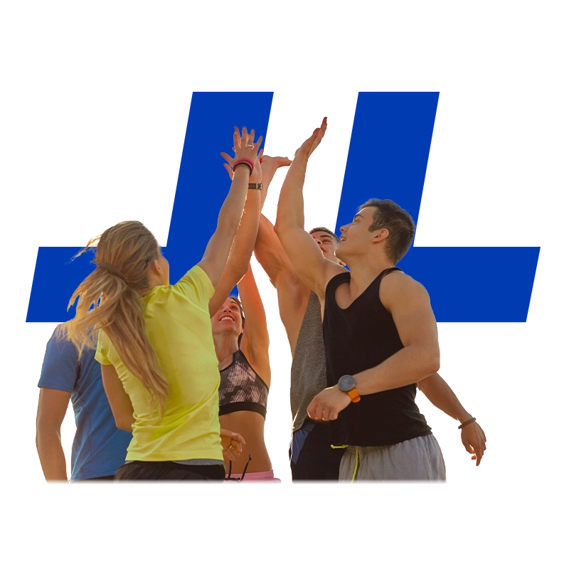 Header Unternehmen: Eine Gruppe Menschen high-fiven vor dem Hansefit Logo