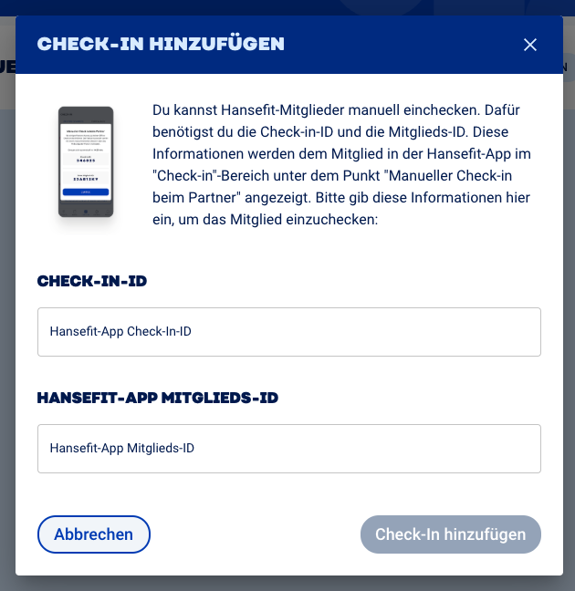 app-login-probleme-add-check-in Abbildung des Fensters in dem manuelle Check-ins durchgeführt werden können.