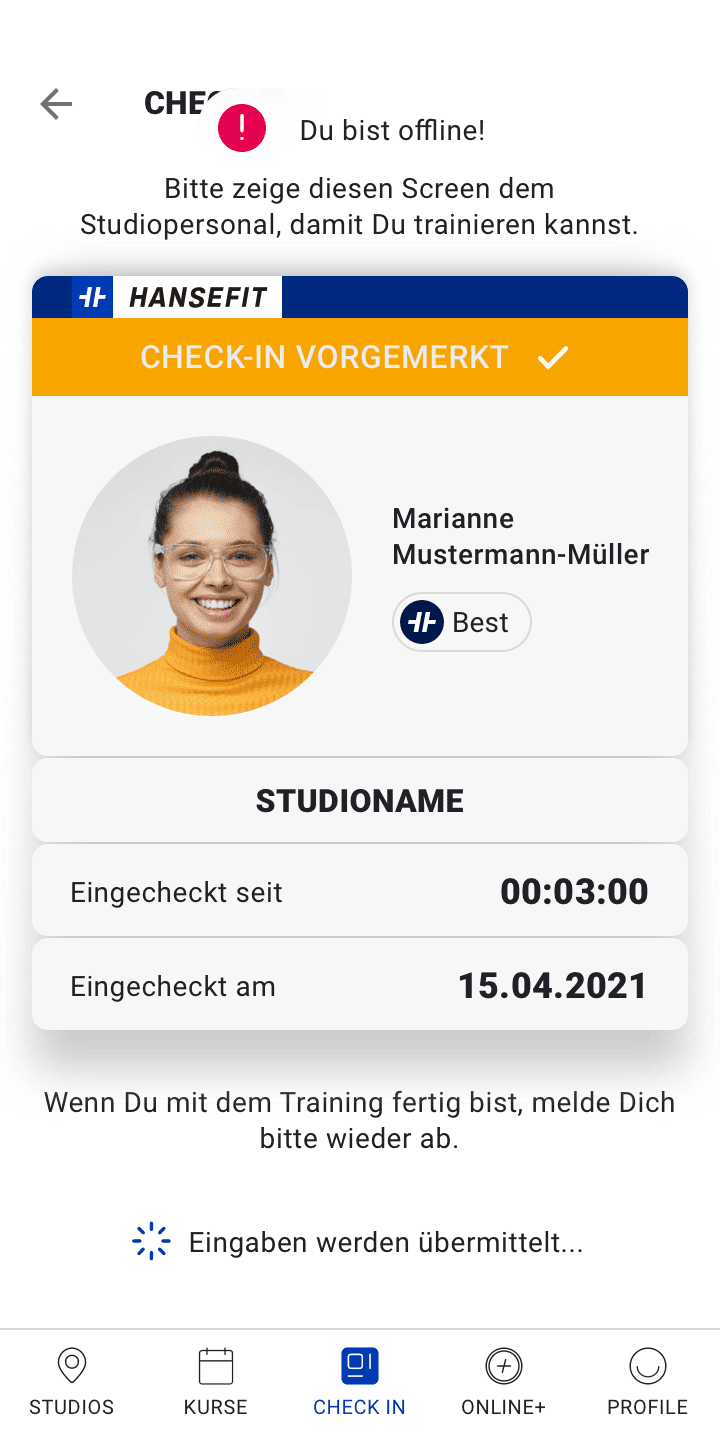app-login-probleme-vorgemerkter-check-in Abbildung des Offline-Screens der Hansefit-App der im Studio vorgezeigt werden soll.