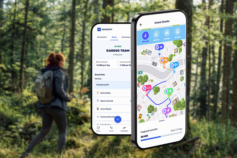 hansefit_schrittwettbewerb_strecke Composing von Mockups der App, im Hintergrund geht eine Frau durch den Wald